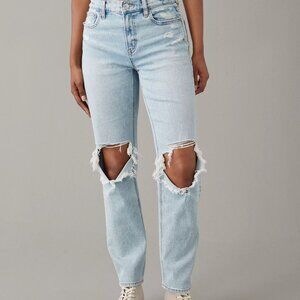 AE Stretch Super High-Waisted Ripped Ankle Straight Jean - American Eagle